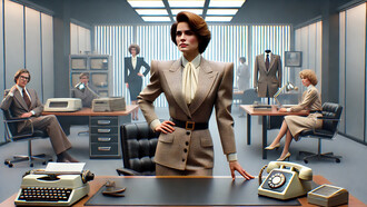 A professional woman stands confidently in a corporate office, her bold attire symbolizing the era's spirit of ambition, authority, and women's empowerment in the workplace
