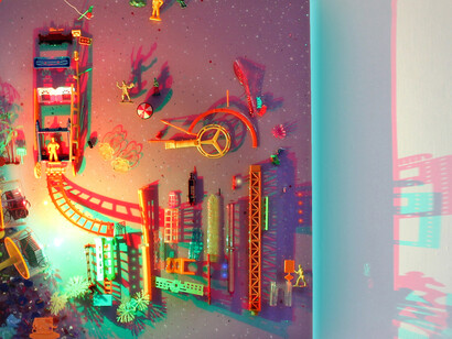 Parallel Universe – Rickshaw on Tram Tracks
Angela Yuen
Plastic Toys, Perspex, Resin, LED lights
65 x 65 x 20 cm
2019
Image courtesy of the artist and Contemporary by Angela Li