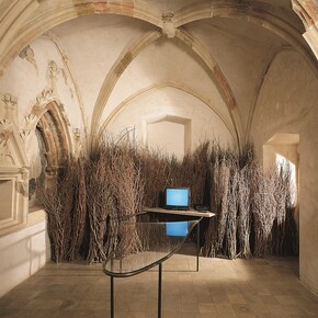 Mario Merz, Foresta con video sul sentiero, 1995, metal structure, glass, branches, monitor, video Lumaca, 1970 by Gerry Schum, Private collection, Photo Hana Hamplova, Courtesy GHMP Dum U Zvonu, Praha
