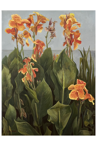 Lyda Brown, Canna Lilies on Colonial Lake #2, 2023, oil on canvas, 24x18 inches. Courtesy the artist and Voltz Clarke Gallery, NYC