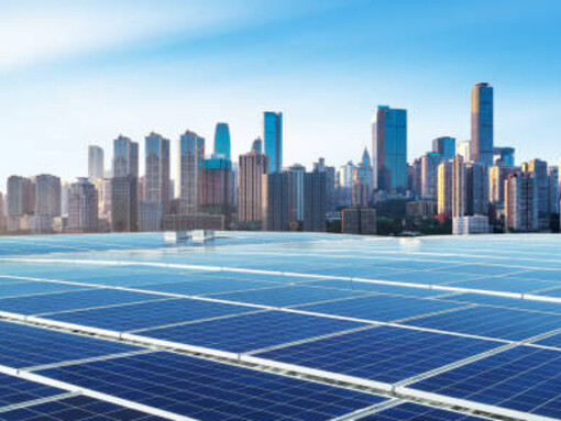 Solar panels and modern city skyline, Chongqing, China