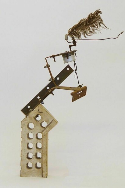 Jean Tinguely, Untitled, 1962, brick, metal, feather, tape and motor, 21 x 10 ½ x 8 inches (53,3 x 27 x 20,3). Jean Tinguely © 2013 Artist Rights Society (ARS), New York/ ADAGP, Paris