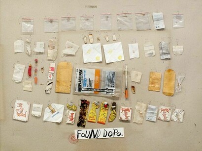 Candy Jernigan, The New York Collections, Found Dope, 1986, Found objects on paper, Paper: 22 x 30 inches (55.9 x 76.2 cm), Frame: 26 x 34 x 2 3/4 inches (66 x 86.4 x 7 cm)