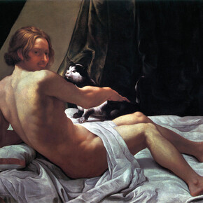 Giovanni Lanfranco, Jeune homme nu sur un lit avec un chat, 1620-1622, Huile sur toile, 60 x 113 cm, Angleterre, Collection particulière © Ariccia, Palazzo Chigi, archivio fotografico