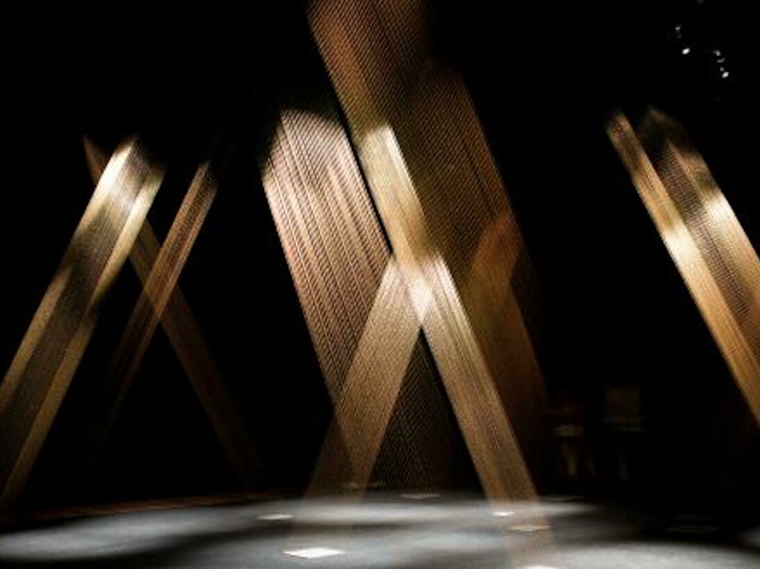 Lygia Pape (Brazilian, 1927–2004), Ttéia 1, C 1976-2004, Dimensions variable, Installation View, Serpentine Gallery, London, 2011, Golden thread, nails, wood, light. Photo: Paula Pape © Projeto Lygia Pape