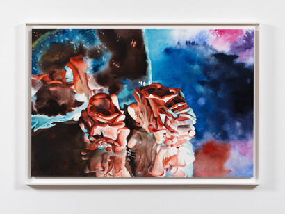 Mamie Tinkler, Transmigration/ Punctual Blues, 2023, watercolor and gouache on paper mounted to dibond, 20x30 inches. Courtesy of the artist and Ulterior Gallery, New York