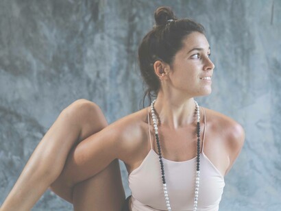 A woman practices yoga