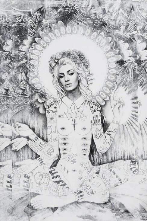 Elle, Lana, 2014, ink, graphite, acrylic on panel, 60 × 48 in., 152.4 × 121.9 cm