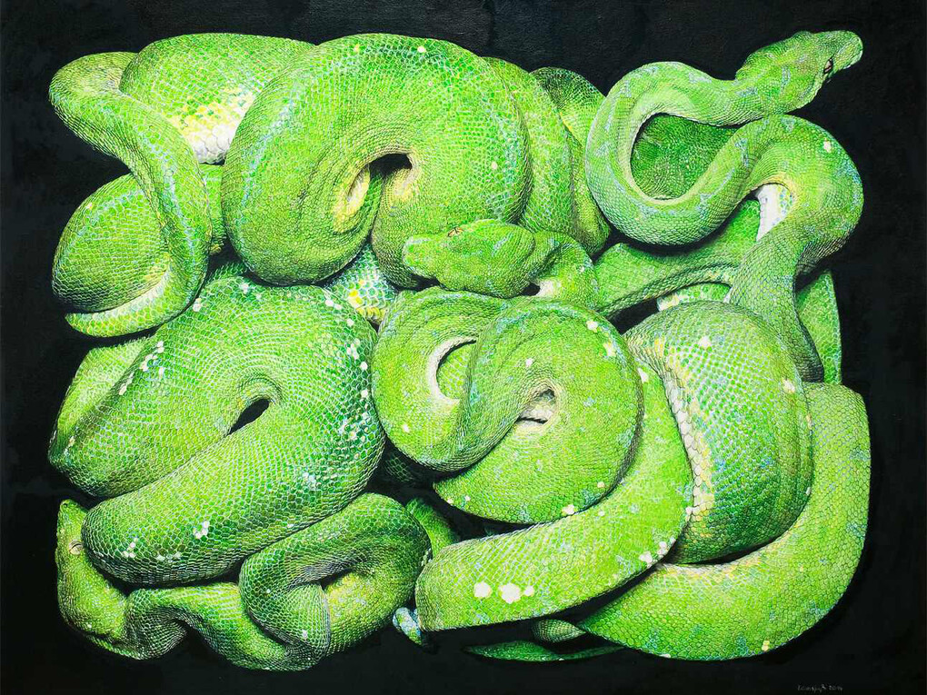 Ulrich Lamsfuss, Guido Mocafico, 2014, Morelia Viridis (Serpens 2007), Oil on canvas, 125x160 cm, Courtesy Galerie Daniel Templon, Paris