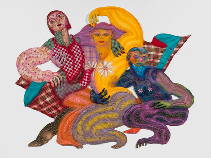Maria A. Guzmán Capron, Desátame, 2023, fabric, thread, batting, stuffing, spray paint and acrylic paint, 76 x 95 x 3 inches, photo by Ed Mumford. Courtesy of the artist and Shulamit Nazarian, Los Angeles 