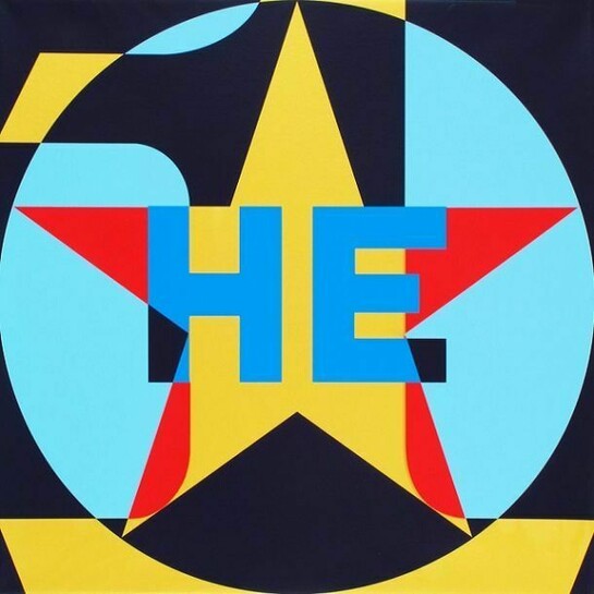 He, © 2013 Robert Indiana, unique silkscreen on canvas, 24 x 24 inches; 61 x 61 cm. Courtesy Woodward Gallery, American Image.