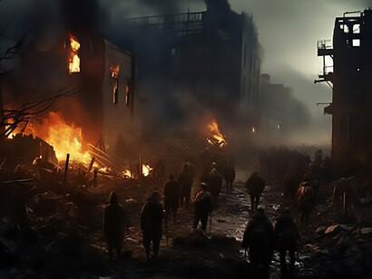 A war-torn landscape depicting urban destruction, with devastated cityscapes, displaced people, and ominous fires