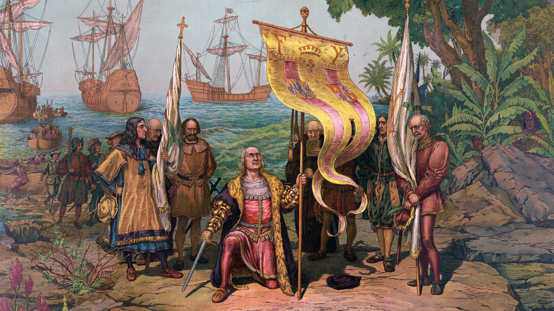 Póster: Colón toma posesión del nuevo país, la isla que Colón llamó San Salvador, posteriormente llamada Isla Watling y hoy nuevamente San Salvador, Bahamas. Publicado por Prang Educational Co., 1893. Boston, EE.UU.