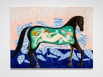 Dana Sherwood, Inside the Belly of a Horse, 2019, Oil, watercolor, and charcoal on panel, 36 x 48 in (91.4 x 121.9 cm). Image courtesy of the Artist