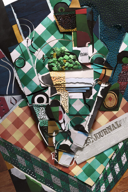 Vik Muniz, Surfaces: Still Life with Checkered Tablecloth, after Juan Gris, 2023, mixed media, one of a kind, 45 1/4x35x2 1/4 inches. Courtesy of the artist and Rena Bransten Gallery, San Francisco