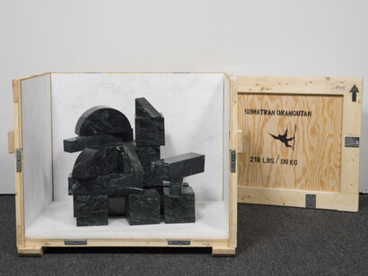 David Brooks, Marble Blocks - 218 lbs - or Sumatran Orangutan (Indonesia), 2014 Verde antique marble, stainless steel pins, wood crate, stencil paint, Tyvek, packing material, hardware 27 x 35 x 24 in. (68.6 x 88.9 x 61 cm) Courtesy of the artist and American Contemporary, New York