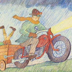 Glen Baxter, At The First Sign Of Summer We Set Off For A Family Picnic On The Moors, 2017, Ink and crayon on paper (c) Glen Baxter, courtesy of Flowers Gallery