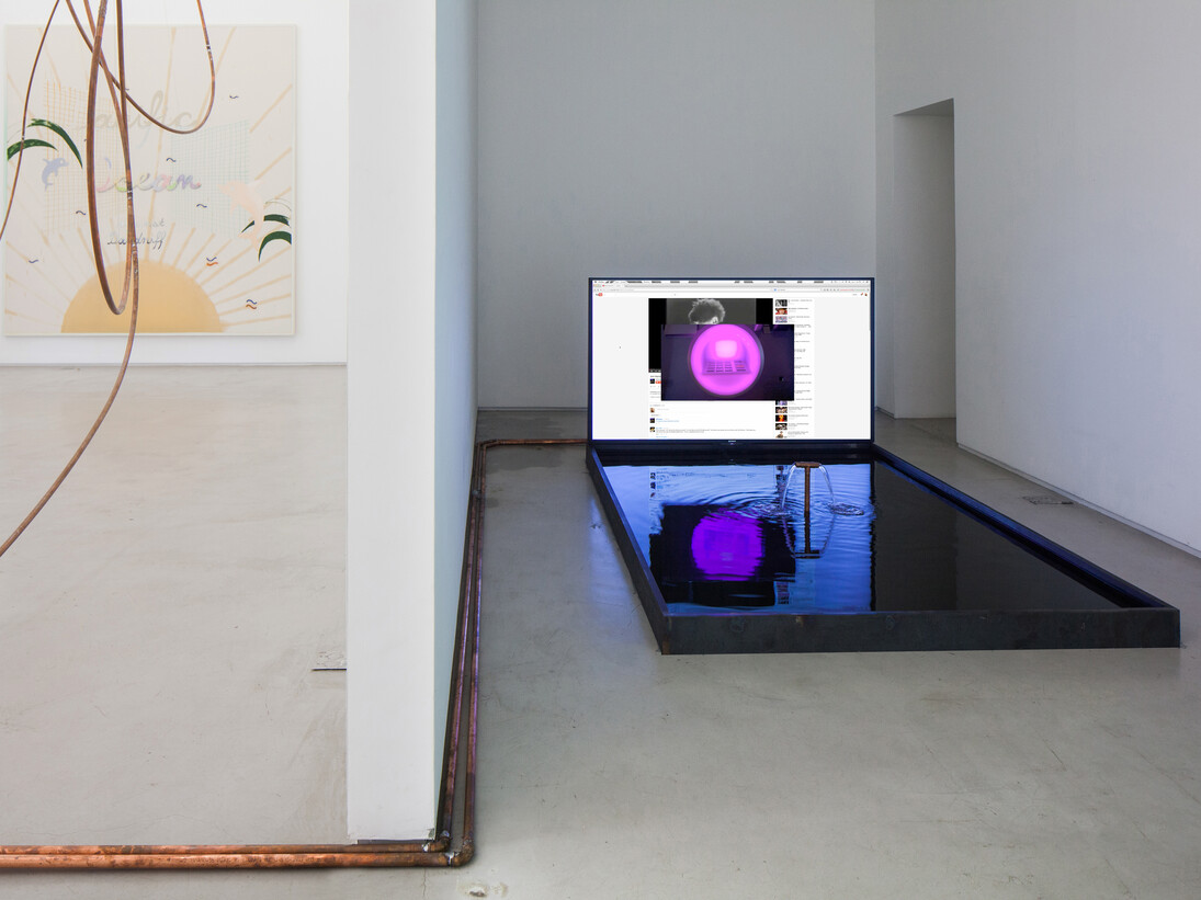 Florian Meisenberg, Being blonde with insufficient funds, 2014, copper tubes, steal strings, metal and plastic fiber, 70 inches television and water, Edition: N/A. Courtesy of Mendes Wood DM, São Paulo