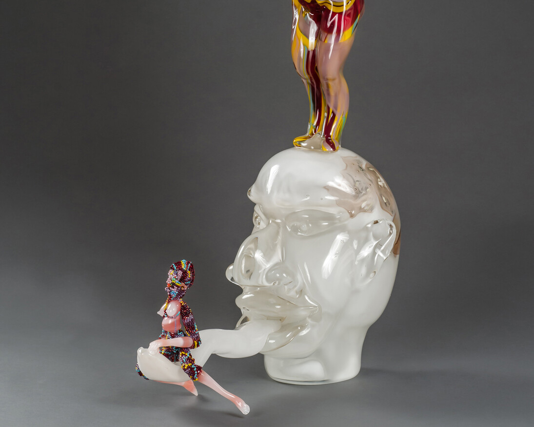 Joyce J. Scott, White Tongue, 2013, hand-blown Murano glass processes with beads, wire and thread, 30 x 8 x 13 inches (76.2 x 20.3 x 33 cm). Courtesy of the artist and Peter Blum Gallery, New York
 