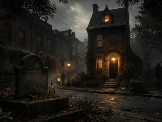 A decaying street shadows the preserved façade of Edgar Allan Poe’s former home, where memory, myth, and neglect blur into one uneasy landscape