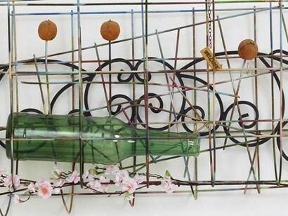 Jack Lavender, Dreams Chunky 8 2013, Metal, welcome sign, dried oranges, fake plant, large plastic bottle, paint, metal bed head, chain, 67x122x43 cm, 26.4x48x16.9 ins, AP-LAVEJ-00078