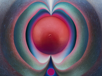Loie Hollowell, Five Centimeters Dilated (detail), 2023. Oil, acrylic medium, aqua resin, and epoxy resin on linen over panel, 45 x 52 1/2 x 8 inches / 114.3 x 133.3 x 20.3 cm. Courtesy of the artist, Jessica Silverman, San Francisco, and Pace Gallery. Photo credit: Melissa Goodwin 