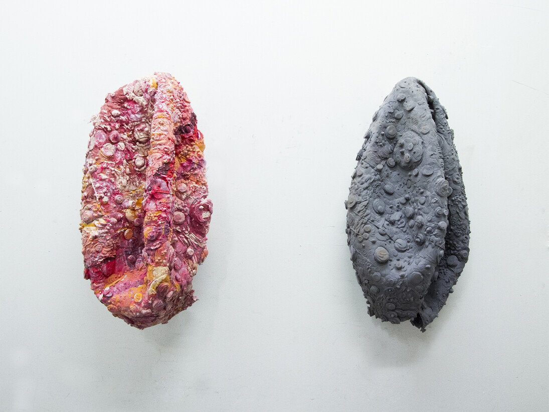 Sarah and Joseph Belknap, Deflated Exoskin (1) (left) and Deflated Moon Skin (1) (right), 2014. Courtesy of the artists.