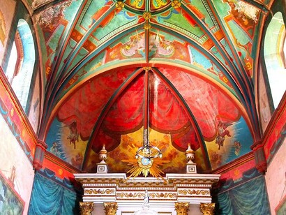 The 16th century Parroquia de la Natividad and its hand-painted murals in Tepoztlan, Mexico
