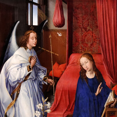Rogier van der Weyden; Panel izquierdo del Tríptico Columba, c. 1455, Alte Pinakothek, Múnich, Alemania (detalle)