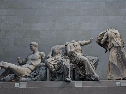 The iconic display of Parthenon Marbles at the British Museum where some limbs and heads have been hacked off