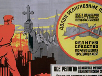 Religion slows the five year plan! Down with religious holidays, Soviet anti-religious propaganda posters