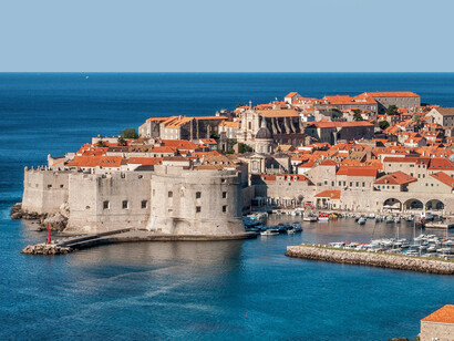 Panoramic view of Dubrovnik, Croatia, showcasing the city walls and sea coastline