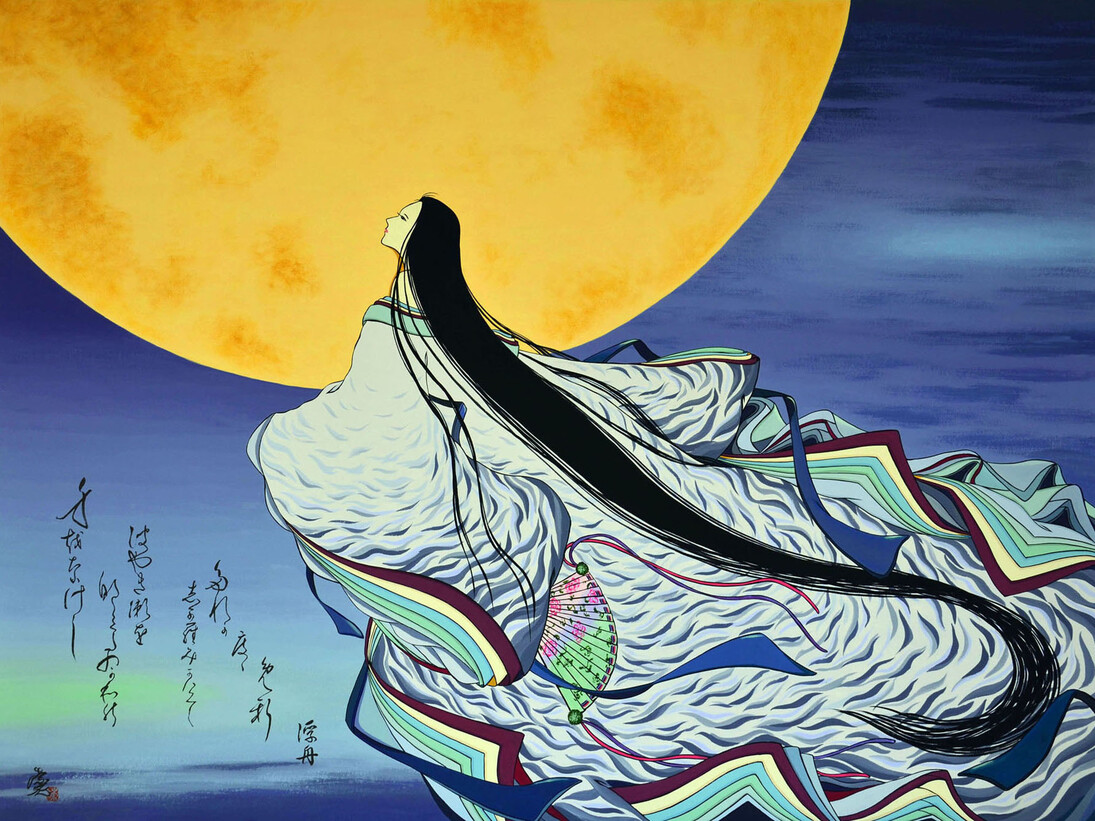 Agameishi, Known to the Moon Alone, 600 Scenes of Genji, Scene 578, Acrylic & Gouache on Paper over Wood, 35.5" x 47"