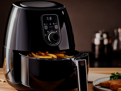 Healthy meal preparation in a rustic home kitchen featuring an air fryer