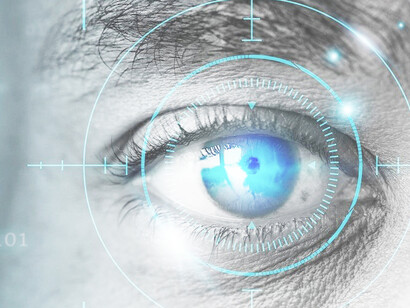 A man's eye with a smart contact lens, highlighting themes of biometric identification, privacy in surveillance, and AI-powered recognition