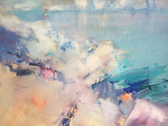 Turquoise and Gold, Sutomore Bay, Montenegro (2022), oil on board, 27.5 × 36 cm. © Barry John Raybould