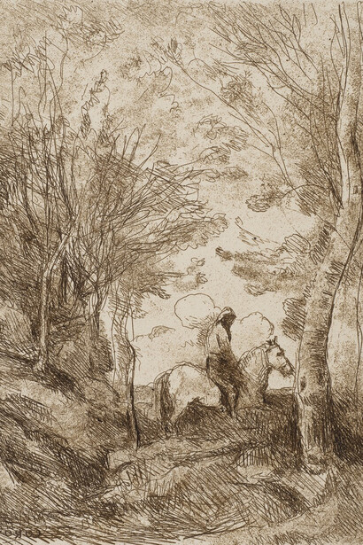 Jean-Baptiste-Camille Corot
French, 1796–1875
The Large Horseman in the Woods (Le Grand cavalier sous bois)
ca. 1854/1911
Cliché-verre
Image: 11 1/8 x 8 13/16 in. (28.3 x 22.4 cm); sheet: 12 ¼ x 10 in. (31.1 x 24.4 cm)
Sidney and Lois Eskenazi Museum of Art