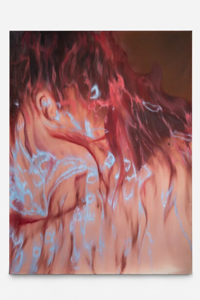 Liang Fu, Burning Shadow, 2023. Pigment, oil on canvas, 79h x 59w in(200h x 150w cm). Courtesy of Galeria Nicodim, Bucharest, Romania