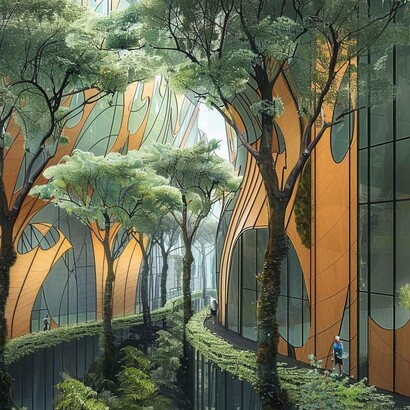 Paesaggio urbano ispirato alla foresta, dove architettura organica e natura si intrecciano in un nuovo paradigma urbano. Immagine creata da Midjourney 