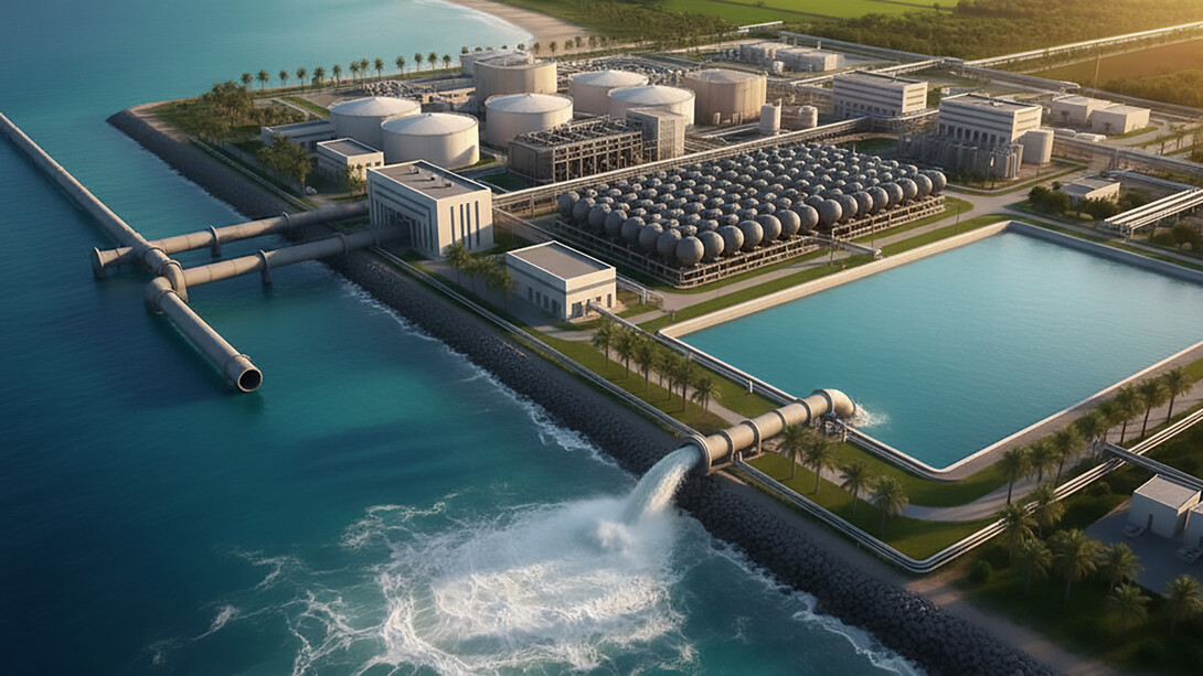 A large-scale desalination plant efficiently processes seawater, converting it into fresh water for various uses, with the returned brine visibly re-entering the ocean