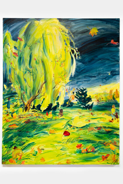 Hilary Doyle, Venus and Cupid Fall I, 2023, acrylic on canvas, 48x60 inches. Courtesy of the artist and Dinner Gallery, NYC