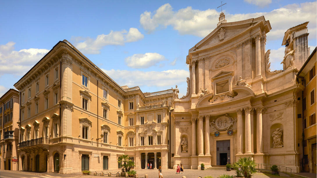 The facade of the Six Senses Rome hotel, which includes Palazzo Mellini, part of the Monastery of the Servite Order, and Palazzo Decarolis
