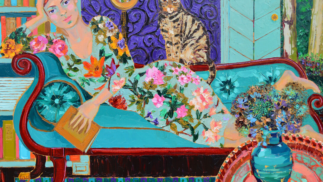 Lucy Doyle, Reading Tolstoy, Oil on Canvas, 122 x 152 cm 