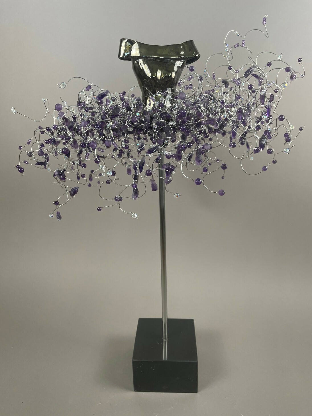 Estella Fransbergen, EF 22302, Clay - high fired, with collar shoulders amethyest and fluorite, base- black marble with stainless steel pole, 25x15x15 in