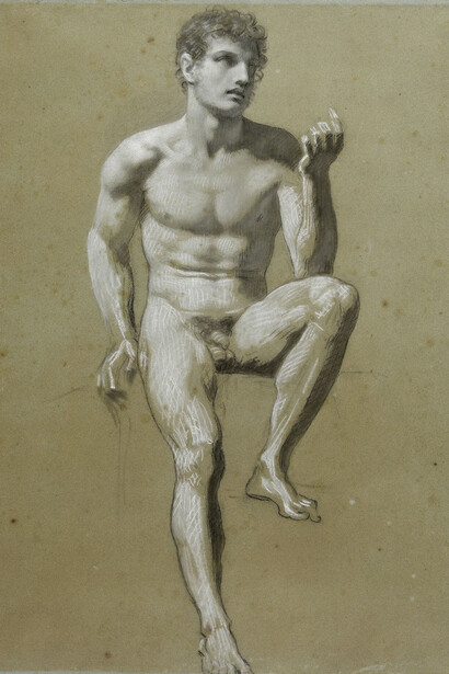 Pierre-Paul Prud’hon, Male Nude, black and white chalk on blue-tinted paper, © cliché Bernardot-Musée Baron Martin-France