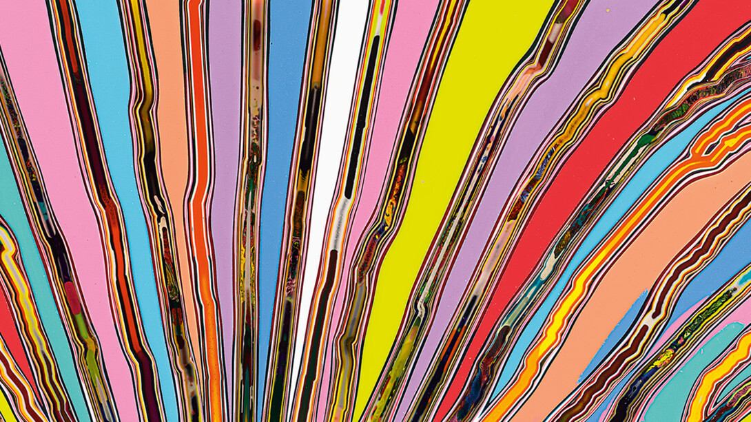 Markus Linnenbrink, SPANISHFORASUMMERWITHOUTYOU, close-up, 2022, epoxy resin and pigments on wood, 24x48 inches, 61x121.9 cm. Courtesy of the artist and Miles McEnery, NYC