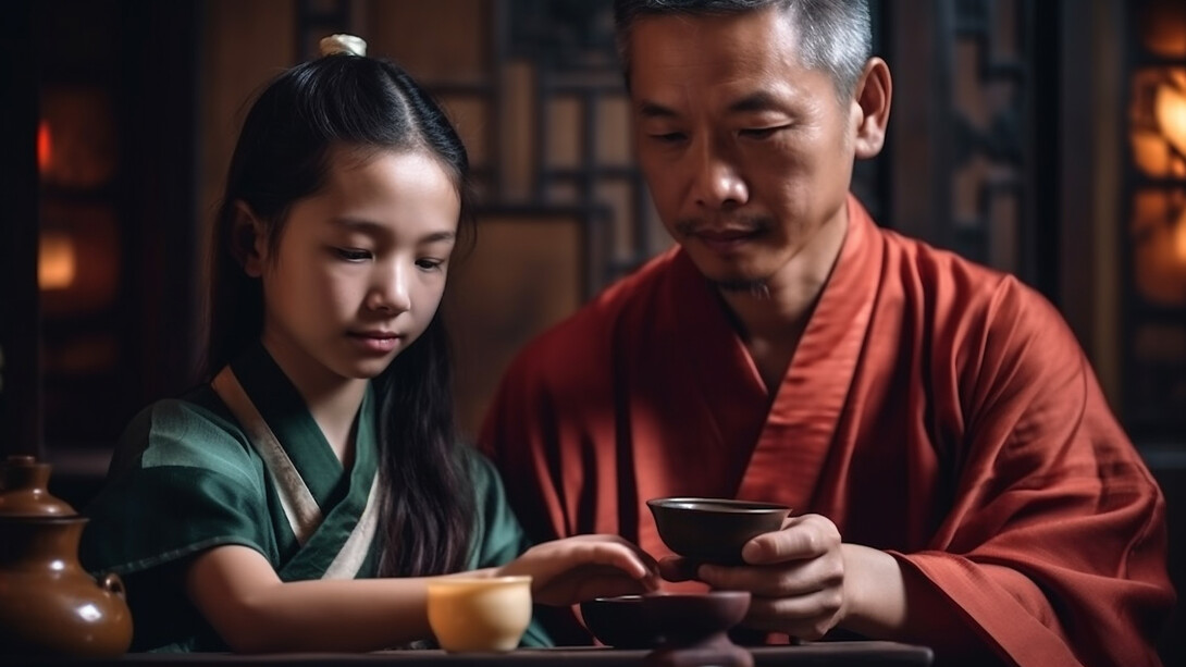 A Chinese man and his child are happily sitting together, preparing tea