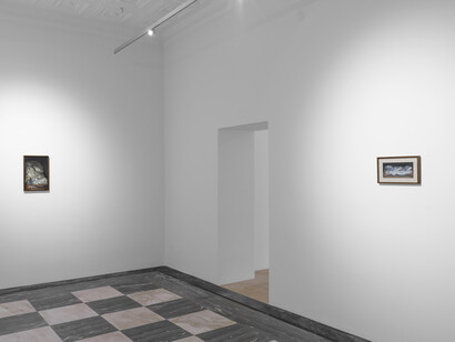 Justin Bradshaw, 9 paintings of drapery and eggs, exhibition view. Courtesy of Amanita
