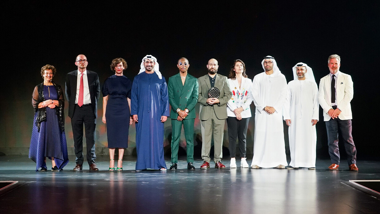 Nasser Alzayani (centre), announced as winner of 2021 Richard Mille Art Prize at Louvre Abu Dhabi, with HE Mohamed Khalifa Al Mubarak, the Abu Dhabi Chairman of Department of Culture and Tourism, H.E. Saood Abdulaziz Al Hosani, Manuel Rabaté, Director of Louvre Abu Dhabi, Peter Harrison, CEO Richard Mille, and Pharrell Williams, pop-singer and Richard Mille ambassador Courtesy Richard Mille Press Office