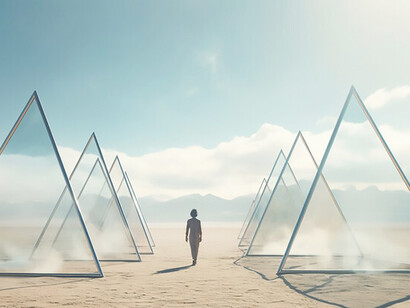 Experience surreal geometric shapes amidst the barren desert landscape, exploring themes of perception, perspective, and human senses in this captivating imagery